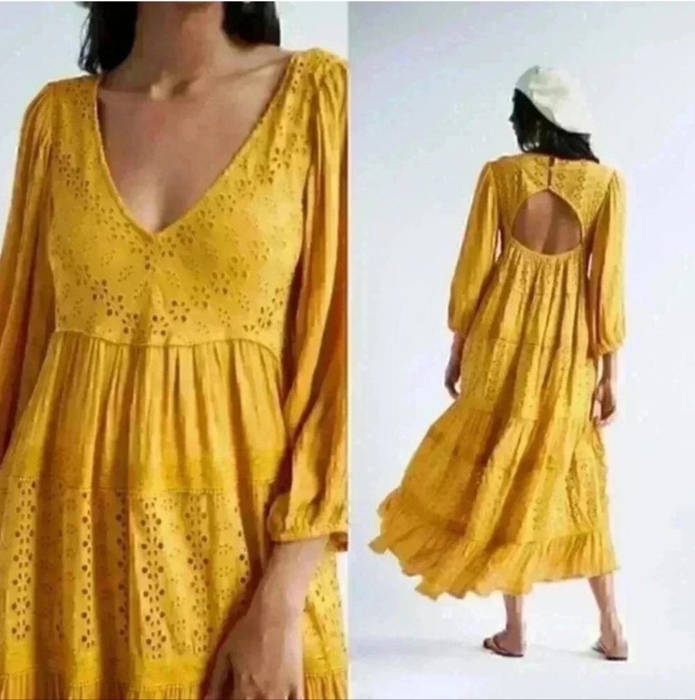 Free People Mockingbird Boho Western Eyelet Peasant Dress Open Back Gold Small